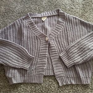 Gray Cardigan Sweater with Ribbed Cuffs and V-Neck